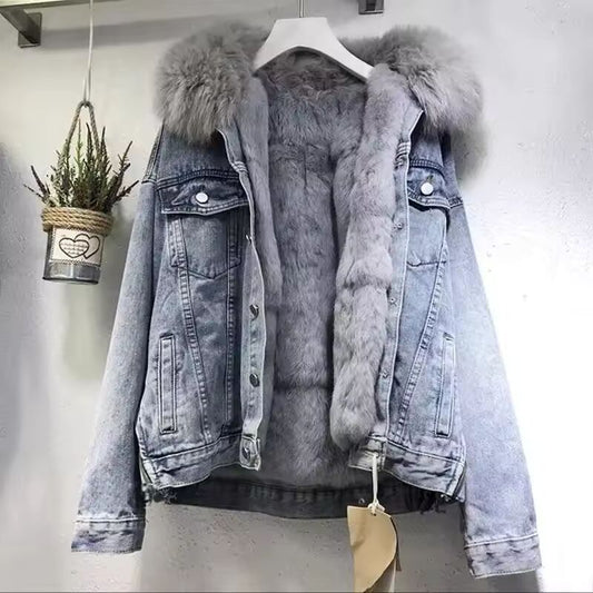 Thickened Cotton Coat Women's Denim Jacket Cropped 2024 Winter Korean Style Loose Fit Fleece Lined Versatile Cotton-Padded Coat