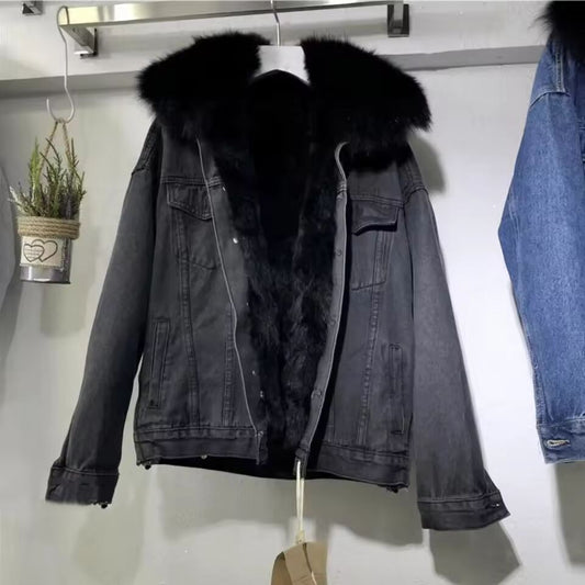 Thickened Cotton Coat Women's Denim Jacket Cropped 2024 Winter Korean Style Loose Fit Fleece Lined Versatile Cotton-Padded Coat